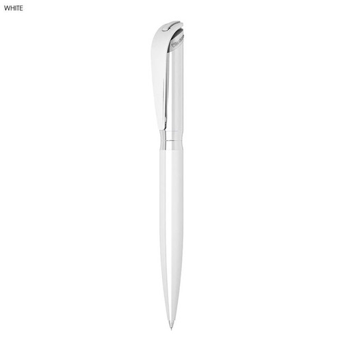 A white pencil with a glossy silver tip and clip, featuring a simple design and branding.