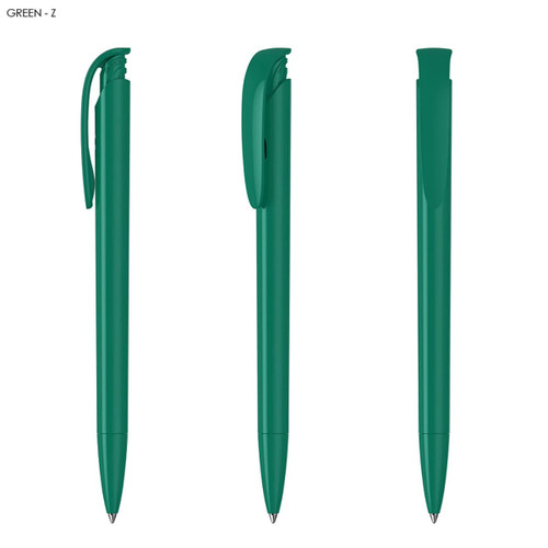 A green plastic pen with a sleek design, featuring a clip and smooth lines, shown from different angles.