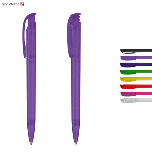 Two transparent plastic pens in purple, accompanied by a selection of other colourful pens. The image features a logo.