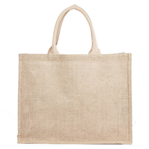 A natural jute bag in beige with two handles and a simple, unadorned design.