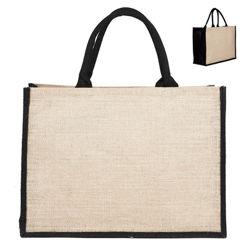 A jute bag in natural beige with black handles, featuring a simple design and a logo.