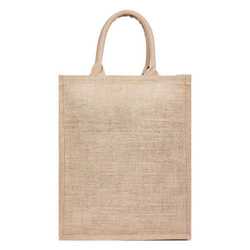 A jute bag in a natural beige colour with two sturdy handles and a blank surface. It features a logo.