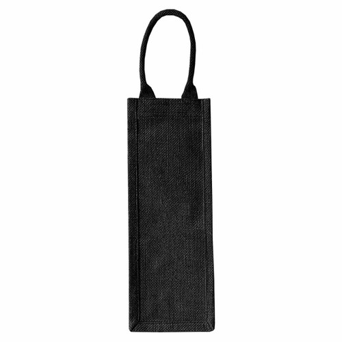 A black jute wine carrier with a handle, featuring a simple and minimalist design, includes a branding logo.