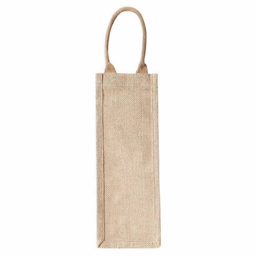 A jute wine carrier in a natural beige colour with two handles. It features a simple design and has a logo.