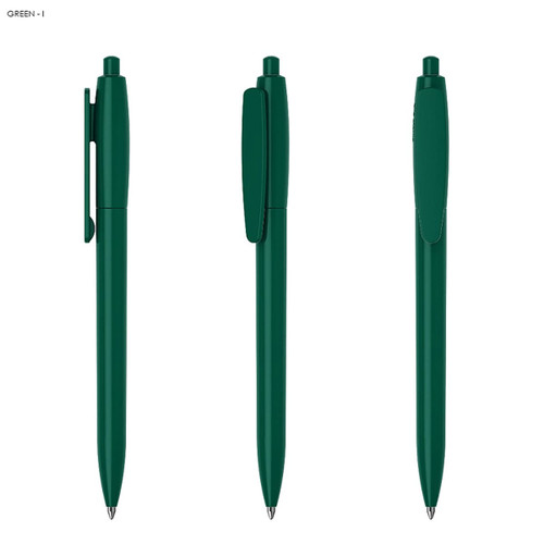 A green plastic pen with a clip, displayed from multiple angles. The pen features a click mechanism at the top.