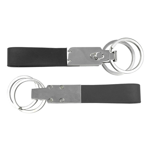 A silver and black multi key ring featuring two key rings and a sleek design. It includes a branding logo.