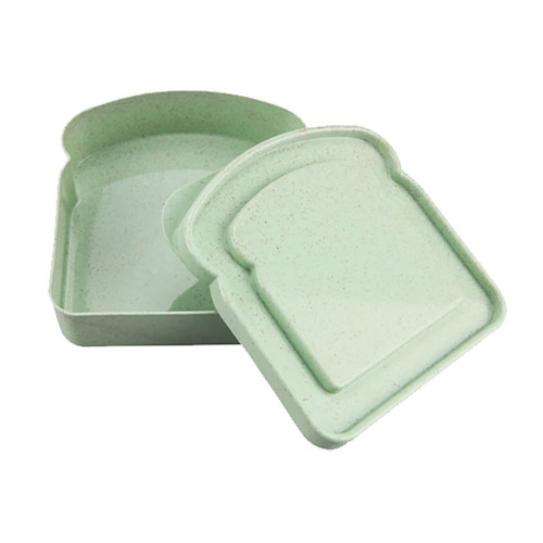A bamboo sandwich box in a soft green colour, featuring a lid shaped like a slice of bread. Includes a logo.