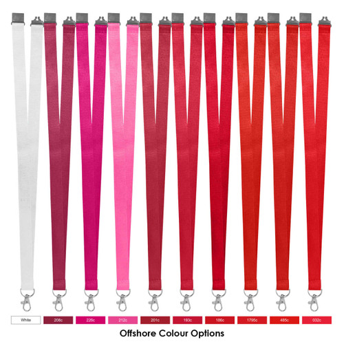 A range of 20mm polyester lanyards in various colours including white, pink, and shades of red, with metal clips.