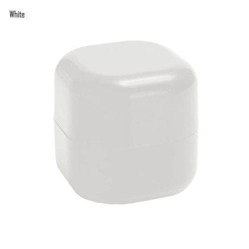 A white cube-shaped lip balm container with a smooth surface and a hinged lid.