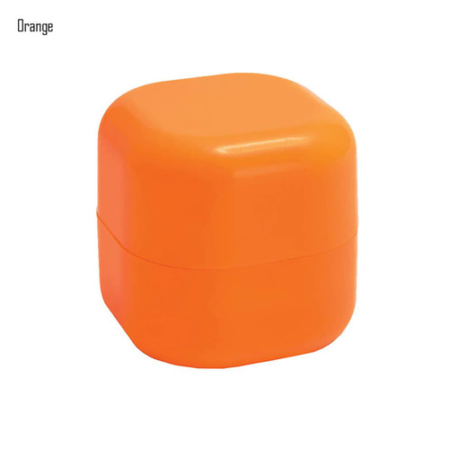 An orange lip balm cube with a smooth, rounded design. It features a logo on the surface.