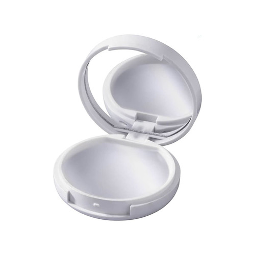 A white lip gloss container with a mirror inside, featuring a smooth, rounded design and a secure clasp.