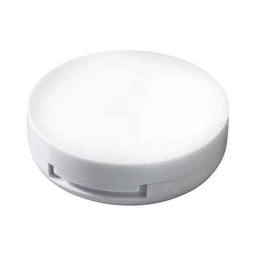 A round, white lip gloss container with a built-in mirror. Features a smooth, minimalist design.