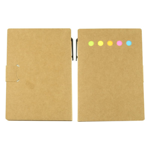 A Konda Sticky Note Pad in a kraft paper cover featuring five brightly coloured sticky flags. It has a logo on the cover.