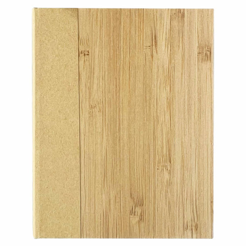 A bamboo sticky note pad with a textured bamboo cover. Features natural bamboo tones and a minimalist design.