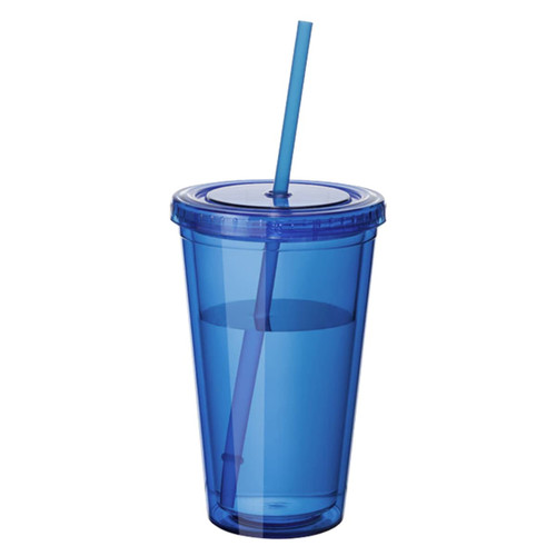 A drink bottle in bright blue featuring a lid and straw, designed for beverages.