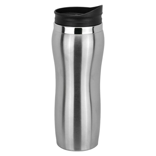 A stainless steel travel mug with a black lid, featuring a sleek, curved design.
