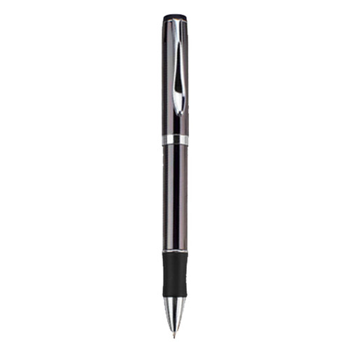A metal pen in sleek silver with a black grip. The pen features a shiny finish and has a branding logo.