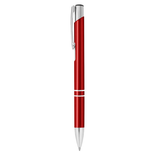 A shiny red metal pen with silver accents and a clip. Features a sleek design with white stripes.