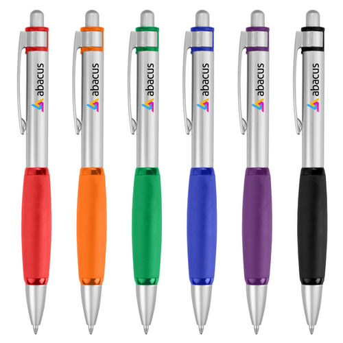 A collection of six metal pens in orange, green, blue, purple, black, and silver with a logo.