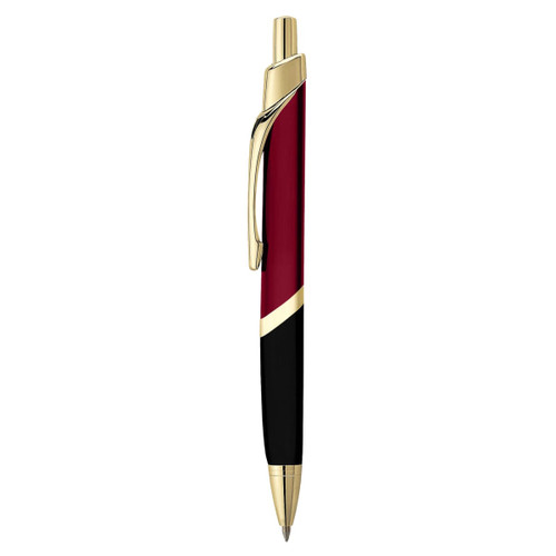 A metal pen in black, red, and gold with a sleek design and a branding logo.