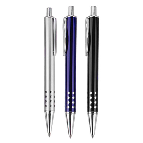 Three metal pens in silver, blue, and black, featuring chrome accents and a logo on each.