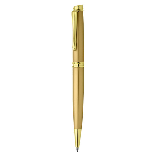 A metal pen in gold with gold accents and a clip. It features a sleek, elegant design.