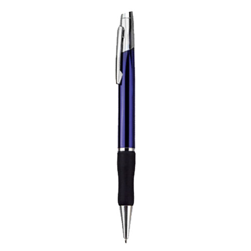 A metal pen in a deep blue colour with a silver clip and black rubber grip. Features a logo on the body.