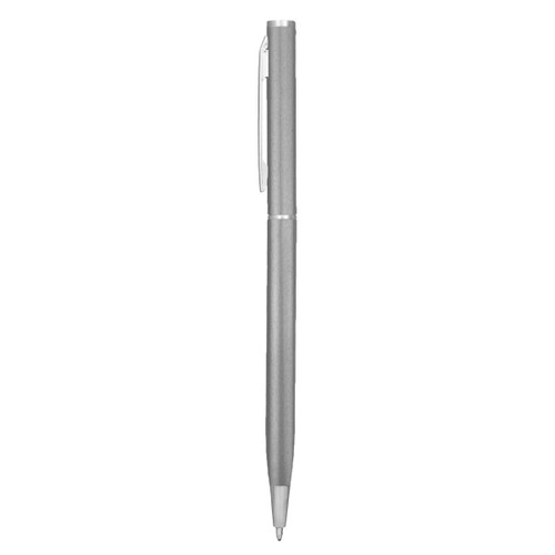 A silver metal pen with a sleek design and a clip, featuring a branding logo.