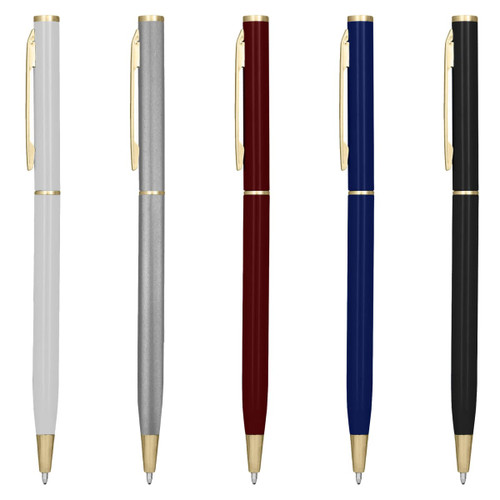 A collection of metal pens in white, silver, burgundy, blue, and black, each with gold accents and a branding logo.
