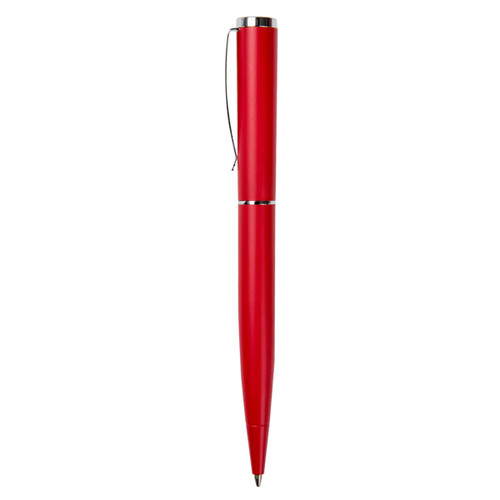 A metal pen in vibrant red, featuring a sleek design and a clip attachment. It has a branding logo on the surface.