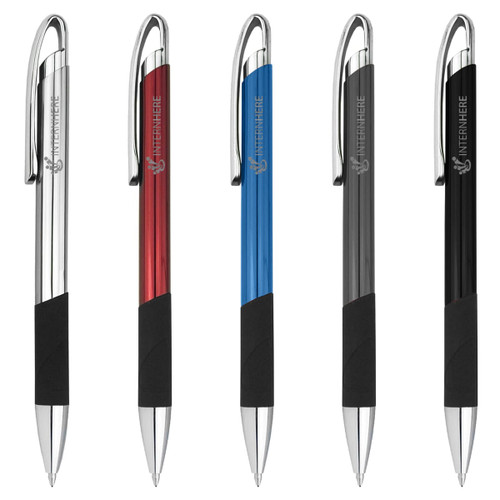 A set of metal pens in red, blue, black, and silver, each with a rubber grip and a clip.