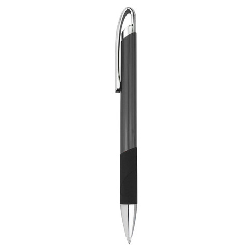 A metal pen in black with a chrome clip and silver accents, featuring a rubber grip.