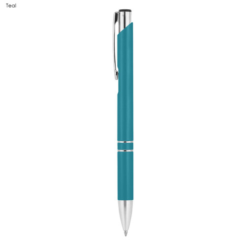 A metal pen in teal with silver accents and a clip, featuring a logo.