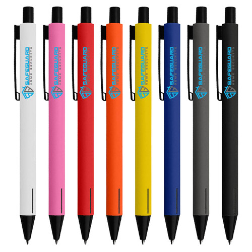 A collection of eight metal pens in white, pink, red, orange, yellow, and black, featuring a branding logo.