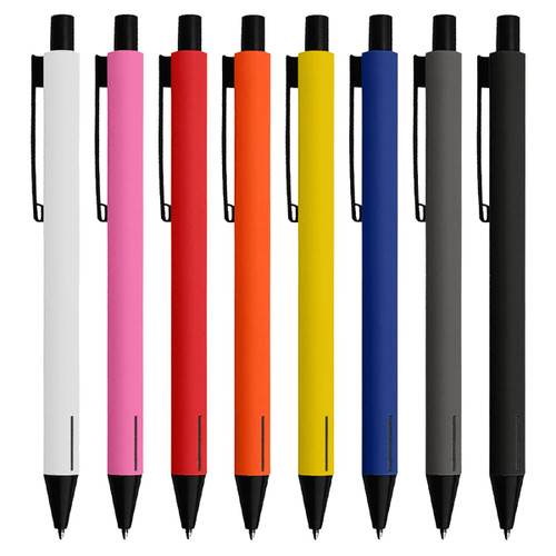 A range of sleek metal pens in white, pink, red, orange, yellow, grey, and black, featuring a clip design and brand logo.