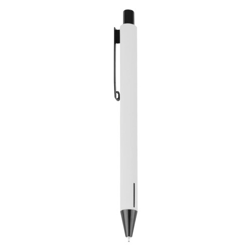 A metal pen in white with a black tip and clip, featuring a simple, sleek design and a branding logo.