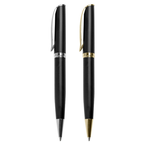 A pair of black metal pens, one with a silver clip and the other with a gold clip, featuring sleek designs.