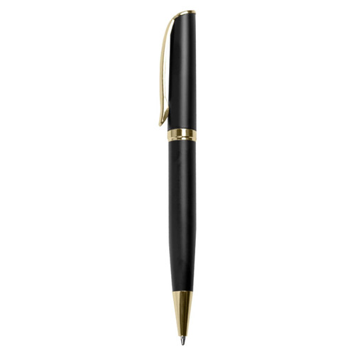 A black metal pen with gold accents and a clip, featuring a sleek and elegant design.