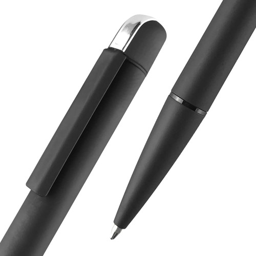A black metal pen with a sleek design and chrome accents, featuring a clip and a smooth, pointed tip.