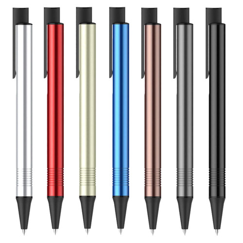 Metal pens in silver, red, green, blue, rose gold, grey, and black arranged in a row, each with a clip and pointed tip.