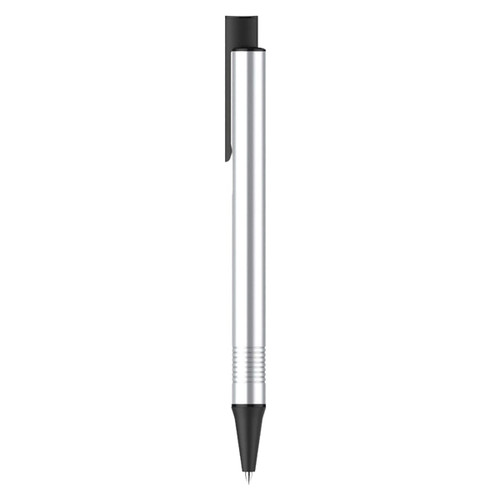 A metal pen in silver with a black tip and clip, featuring a simple, sleek design and a logo.