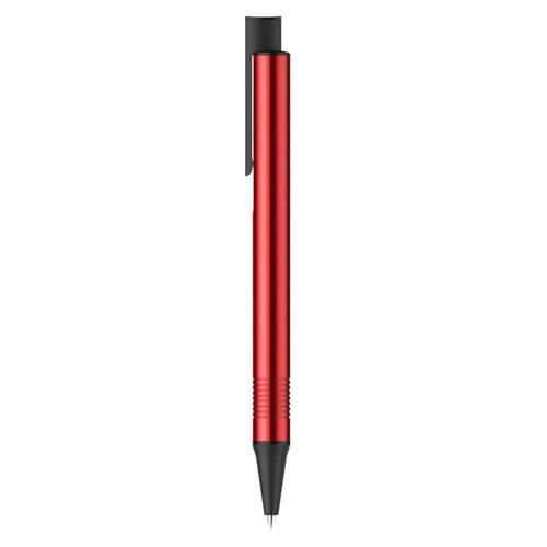 A metal pen in a vibrant red colour featuring a black tip and clip, with a textured grip section.