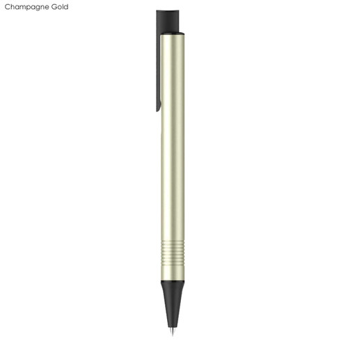 A metal pen in champagne gold with a black tip and clip, featuring a smooth, sleek design and branding.