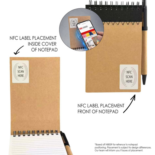 A spiral notebook with a brown cover, featuring a pen, NFC label placement on the front and inside cover.