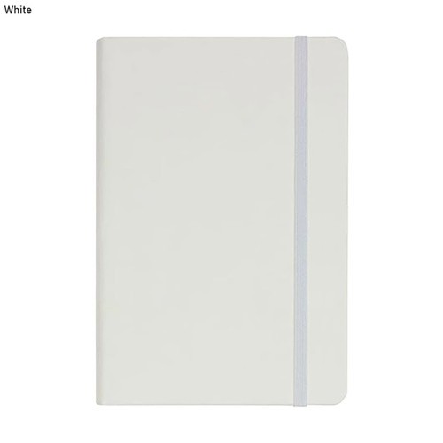 A5 PU notebook in white with an elastic closure and a smooth cover, featuring a logo.