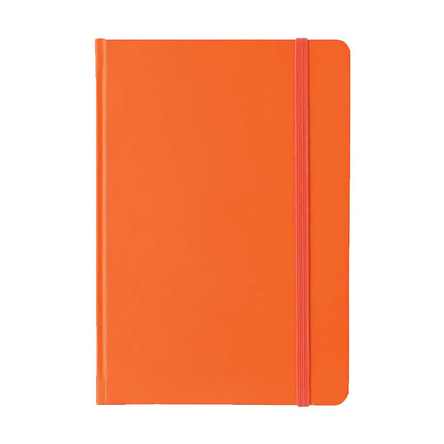 An orange A5 PU notebook with a pink elastic band closure and a smooth finish. It features a logo on the cover.