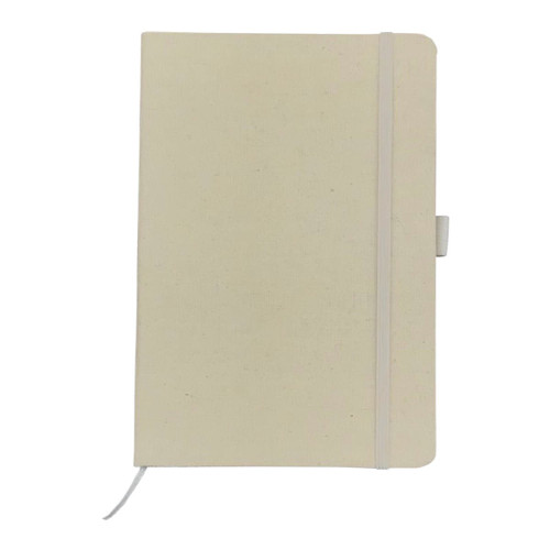 A cream-coloured cotton notebook with a white elastic band and a logo on the cover.