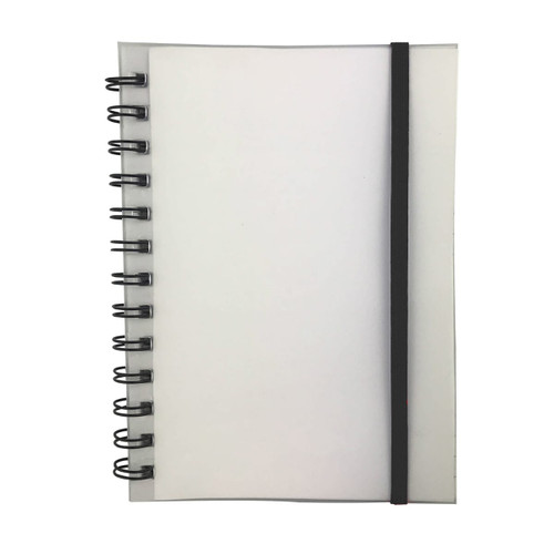 A spiral-bound, blank notebook with a transparent cover and a black elastic band.