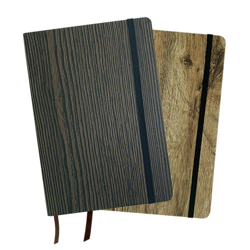 A5 wood look notebooks in dark and light wood finishes, featuring elastic bands and ribbons for secure closure.