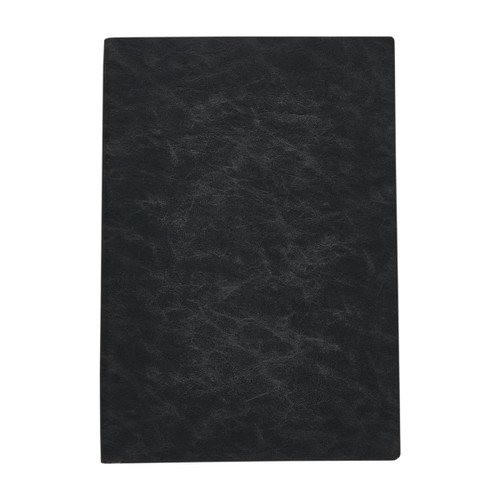 A dark green notebook with a textured cover, featuring a logo on the front.